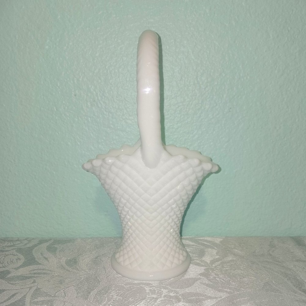 Vintage Westmoreland Milk Glass Flower Basket with Diamond Pattern